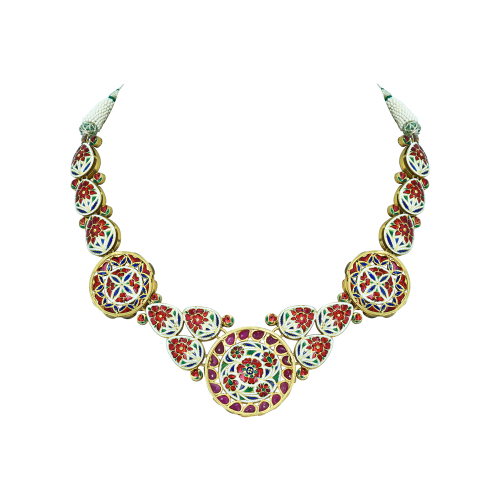 Polki Necklace with Red Rubies and Green Enamel